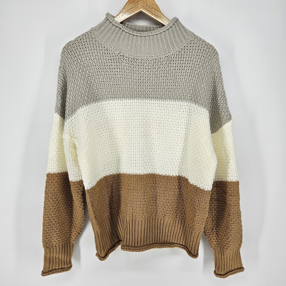 Dokotoo Colorblock‎ Knit Sweater Grey Cream Brown Medium M Pullover Chunky Knit